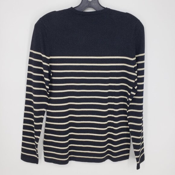 J McLaughlin Ginger Metallic Striped Crew Neck Sweater S Button Trim Black Gold - Picture 2 of 8